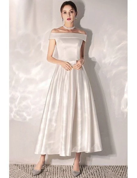 Vintage Chic Tea Length Satin Wedding Dress With Off Shoulder