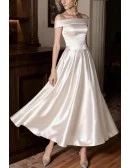 Vintage Chic Tea Length Satin Wedding Dress With Off Shoulder