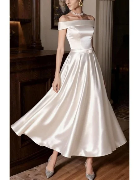 Vintage Chic Tea Length Satin Wedding Dress With Off Shoulder