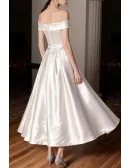 Vintage Chic Tea Length Satin Wedding Dress With Off Shoulder