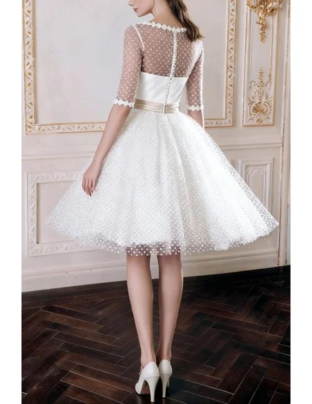 Vintage Polka Dot Knee Length Tulle Wedding Dress with Half Sleeves