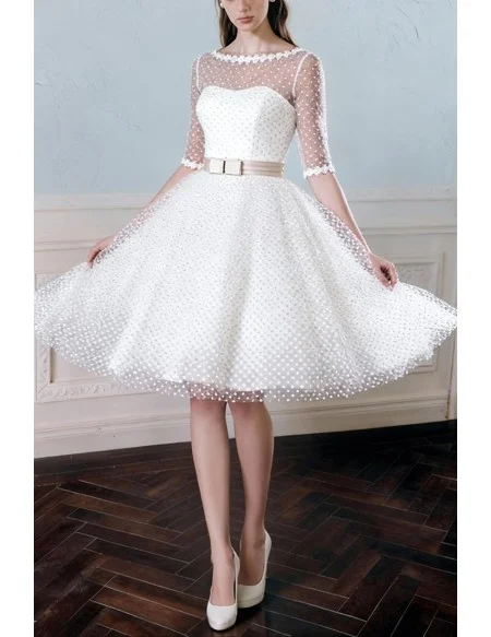 Vintage Polka Dot Knee Length Tulle Wedding Dress with Half Sleeves