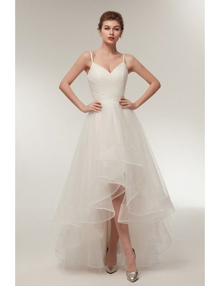 Simple High Low Tulle Beach Wedding Dress with Spaghatti Straps