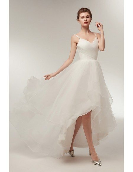 Simple High Low Tulle Beach Wedding Dress with Spaghatti Straps