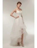 Simple High Low Tulle Beach Wedding Dress with Spaghatti Straps