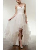 Simple High Low Tulle Beach Wedding Dress with Spaghatti Straps