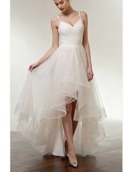 Simple High Low Tulle Beach Wedding Dress with Spaghatti Straps