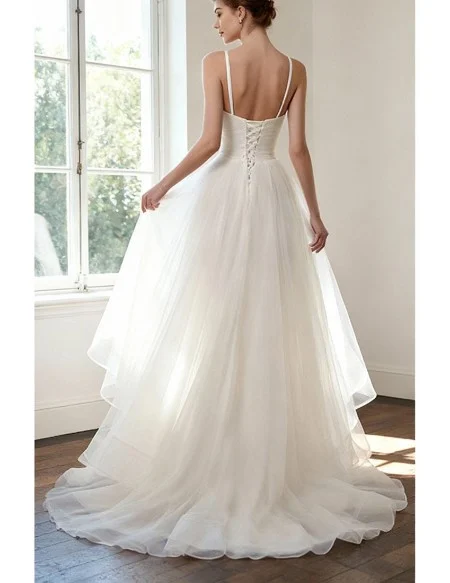 Simple High Low Tulle Beach Wedding Dress with Spaghatti Straps