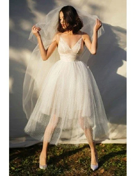 Simple Chic Tutu Tiered Tulle Short Tea Length Wedding Dress with Straps