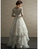 Modest Lace Short Half Sleeve High Neck Wedding Dress with Ruffles