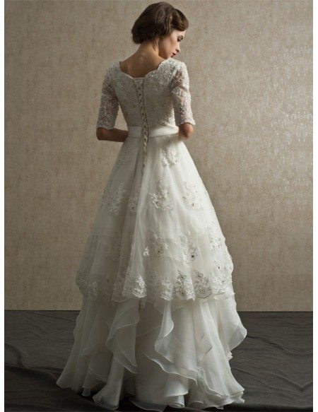 Modest Lace Short Half Sleeve High Neck Wedding Dress with Ruffles