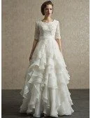 Modest Lace Short Half Sleeve High Neck Wedding Dress with Ruffles