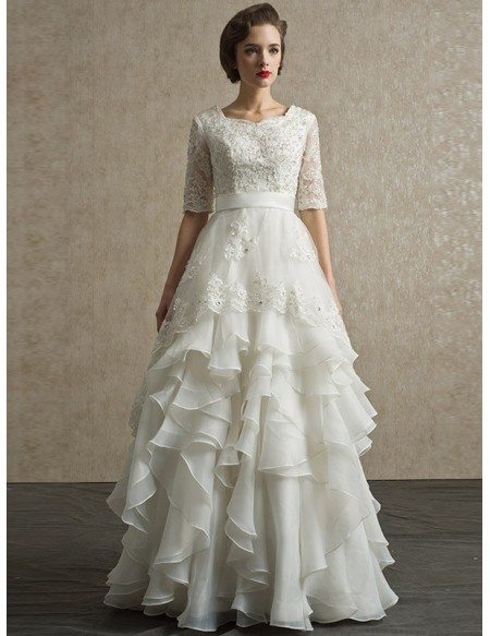 Modest Lace Short Half Sleeve High Neck Wedding Dress with Ruffles