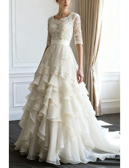 Modest Lace Short Half Sleeve High Neck Wedding Dress with Ruffles
