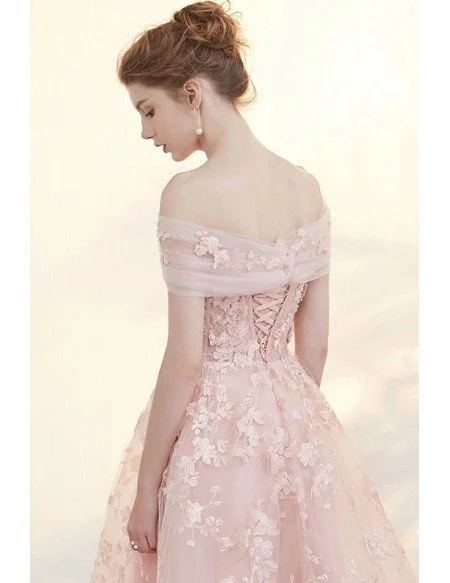 Beautiful Pink Applique Lace Tea Length Tulle Formal Dress