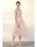 Beautiful Pink Applique Lace Tea Length Tulle Formal Dress