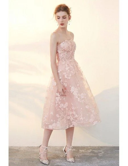 Beautiful Pink Applique Lace Tea Length Tulle Formal Dress
