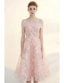 Beautiful Pink Applique Lace Tea Length Tulle Formal Dress