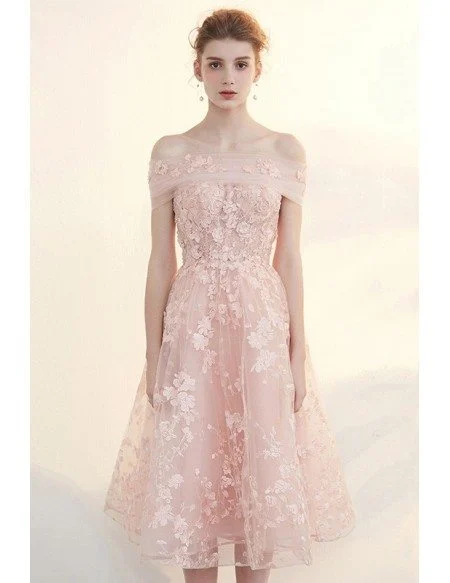 Beautiful Pink Applique Lace Tea Length Tulle Formal Dress