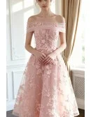 Beautiful Pink Applique Lace Tea Length Tulle Formal Dress
