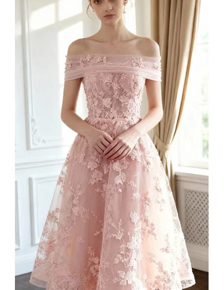 Beautiful Pink Applique Lace Tea Length Tulle Formal Dress
