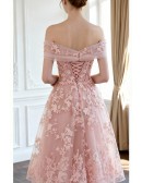 Beautiful Pink Applique Lace Tea Length Tulle Formal Dress