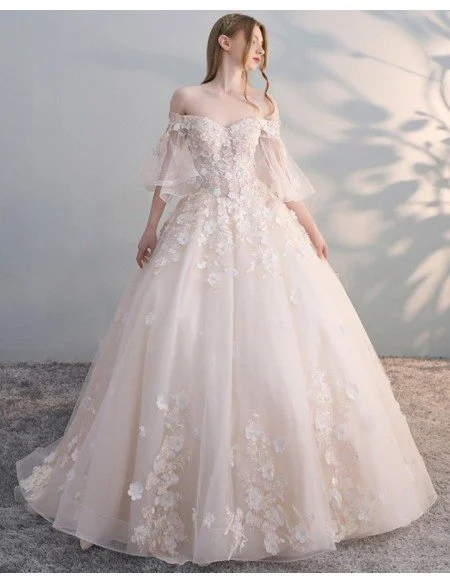 Off Shoulder Ballgown Flowers Princess Wedding Dress Butterfly Sleeves