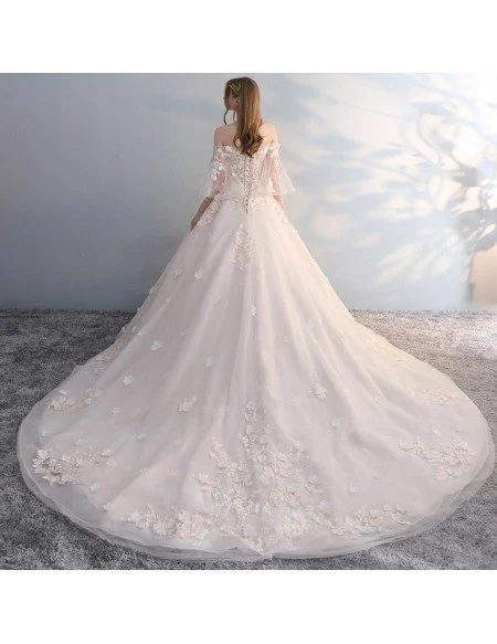 Off Shoulder Ballgown Flowers Princess Wedding Dress Butterfly Sleeves