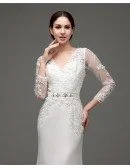 Cheap Vintage V Neck Lace Wedding Dress Fitted With 3/4 Sleeves