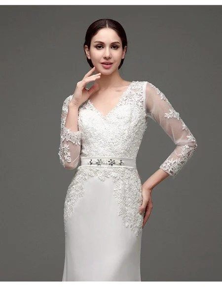 Cheap Vintage V Neck Lace Wedding Dress Fitted With 3/4 Sleeves