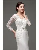 Cheap Vintage V Neck Lace Wedding Dress Fitted With 3/4 Sleeves