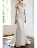 Cheap Vintage V Neck Lace Wedding Dress Fitted With 3/4 Sleeves