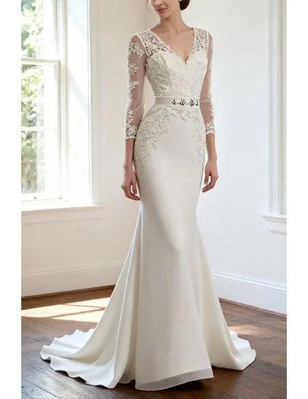 Cheap Vintage V Neck Lace Wedding Dress Fitted With 3/4 Sleeves