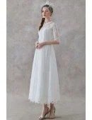 French Vintage Lace Tea Length Wedding Dress With Collar Half Sleeves