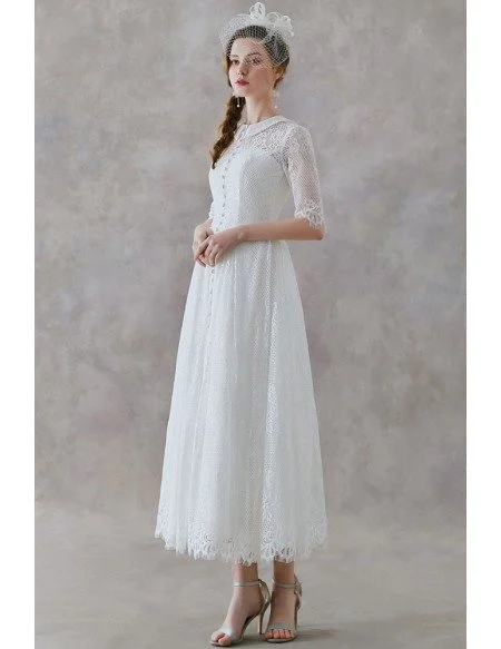 French Vintage Lace Tea Length Wedding Dress With Collar Half Sleeves
