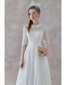 French Vintage Lace Tea Length Wedding Dress With Collar Half Sleeves