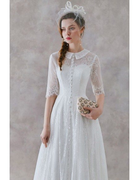 French Vintage Lace Tea Length Wedding Dress With Collar Half Sleeves