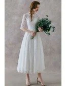 French Vintage Lace Tea Length Wedding Dress With Collar Half Sleeves