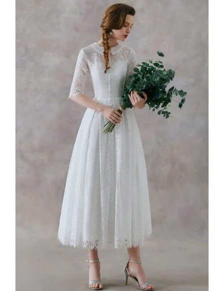 French Vintage Lace Tea Length Wedding Dress With Collar Half Sleeves