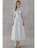 French Vintage Lace Tea Length Wedding Dress With Collar Half Sleeves