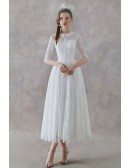 French Vintage Lace Tea Length Wedding Dress With Collar Half Sleeves