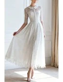 French Vintage Lace Tea Length Wedding Dress With Collar Half Sleeves