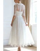 French Vintage Lace Tea Length Wedding Dress With Collar Half Sleeves