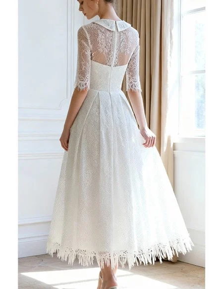 French Vintage Lace Tea Length Wedding Dress With Collar Half Sleeves