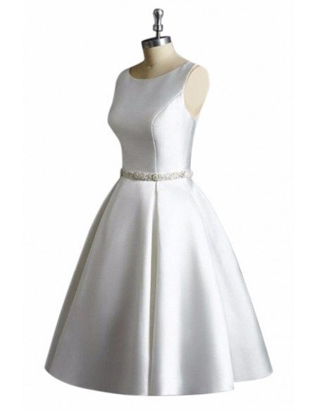 Simple Vintage A Line Satin Short Wedding Dress Reception Sleeveless