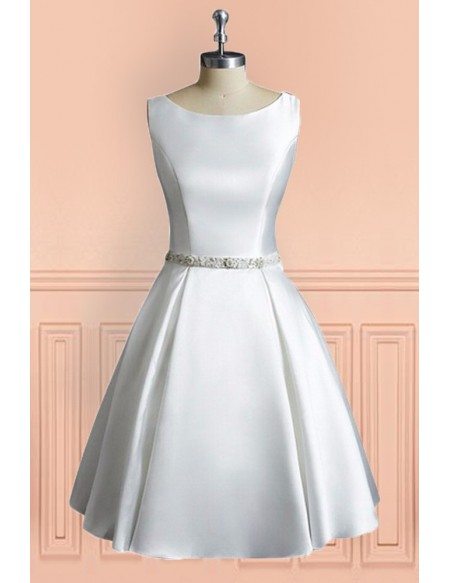 Simple Vintage A Line Satin Short Wedding Dress Reception Sleeveless