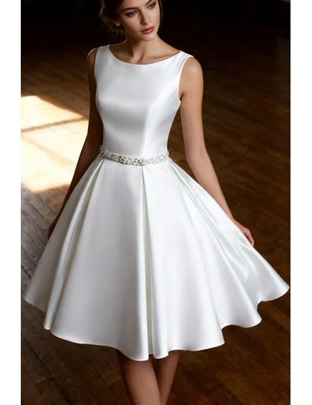 Simple Vintage A Line Satin Short Wedding Dress Reception Sleeveless