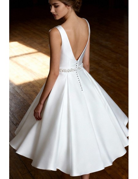 Simple Vintage A Line Satin Short Wedding Dress Reception Sleeveless