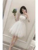 Short Chic Lace Tulle Short Wedding Reception Dress with Long Sleeves Sheer Neckline