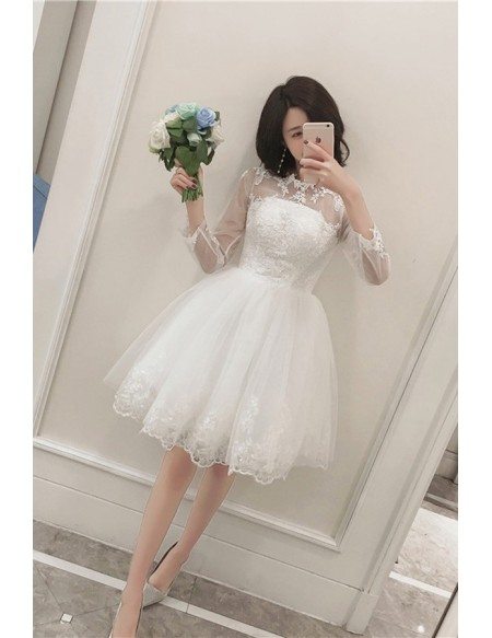 Short Chic Lace Tulle Short Wedding Reception Dress with Long Sleeves Sheer Neckline